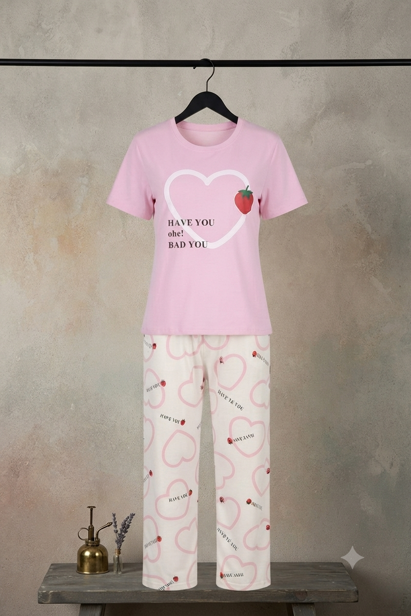 Womens Heart Print 2-Piece Pajama Set