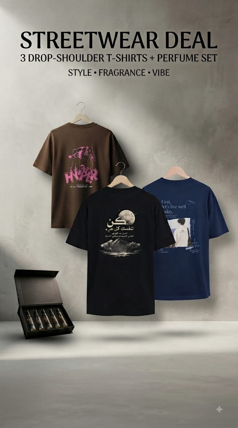 🔥 Streetwear Deal: 3 Drop-Shoulder T-Shirts + Perfume Set 🔥